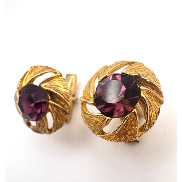The Unbranded Brand Other - Vintage Brutalist Cufflinks Mid Century Gold Tone Swirl Purple Rhinestone